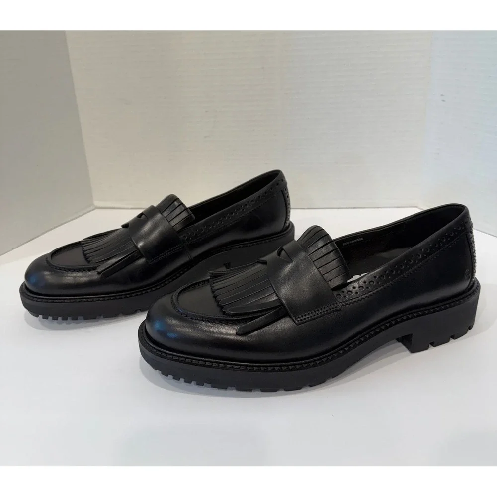ECCO New Preppy Black Leather Lug Sole Kiltie Penny Loafer Slip On Shoes 8